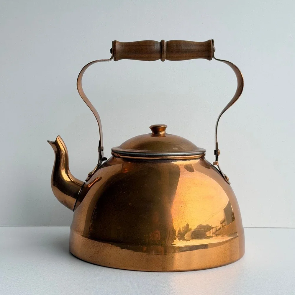 Vintage Copper Tea Kettle Pot Portugal Wood Handle Farmhouse Cottagecore MCM